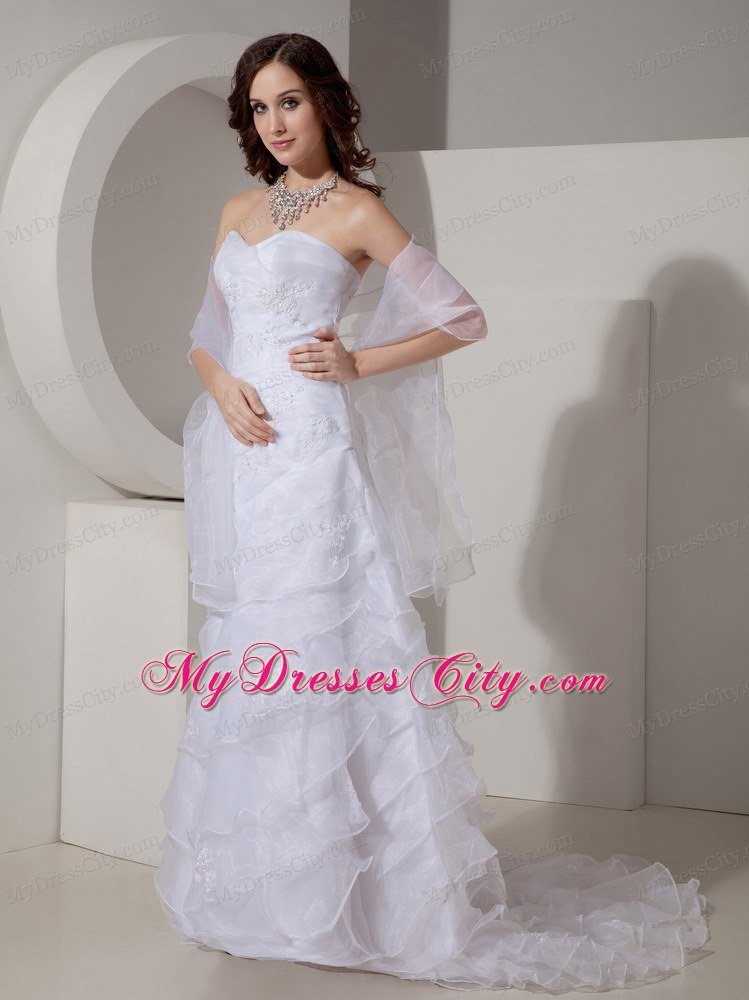 Ruffled Sheath Sweetheart Sweep Organza Appliques Wedding Dress