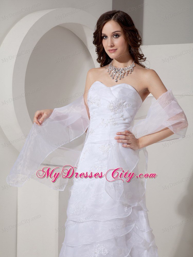 Ruffled Sheath Sweetheart Sweep Organza Appliques Wedding Dress