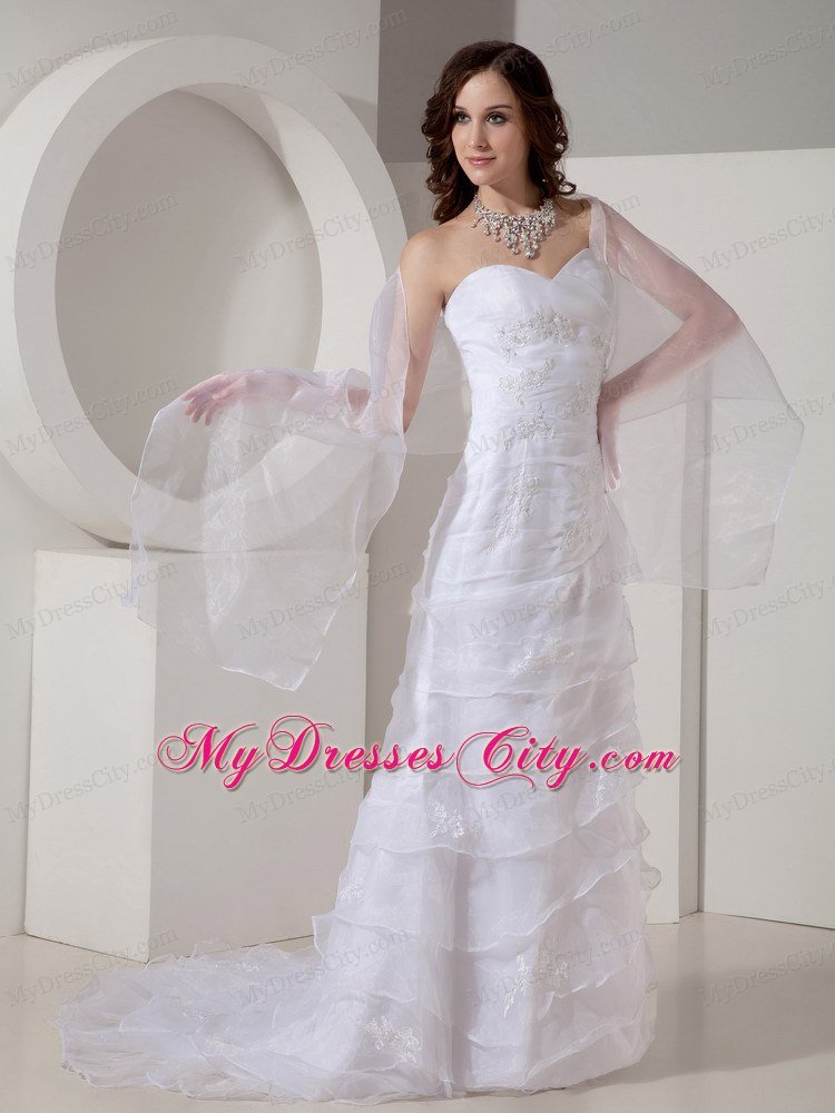 Ruffled Sheath Sweetheart Sweep Organza Appliques Wedding Dress