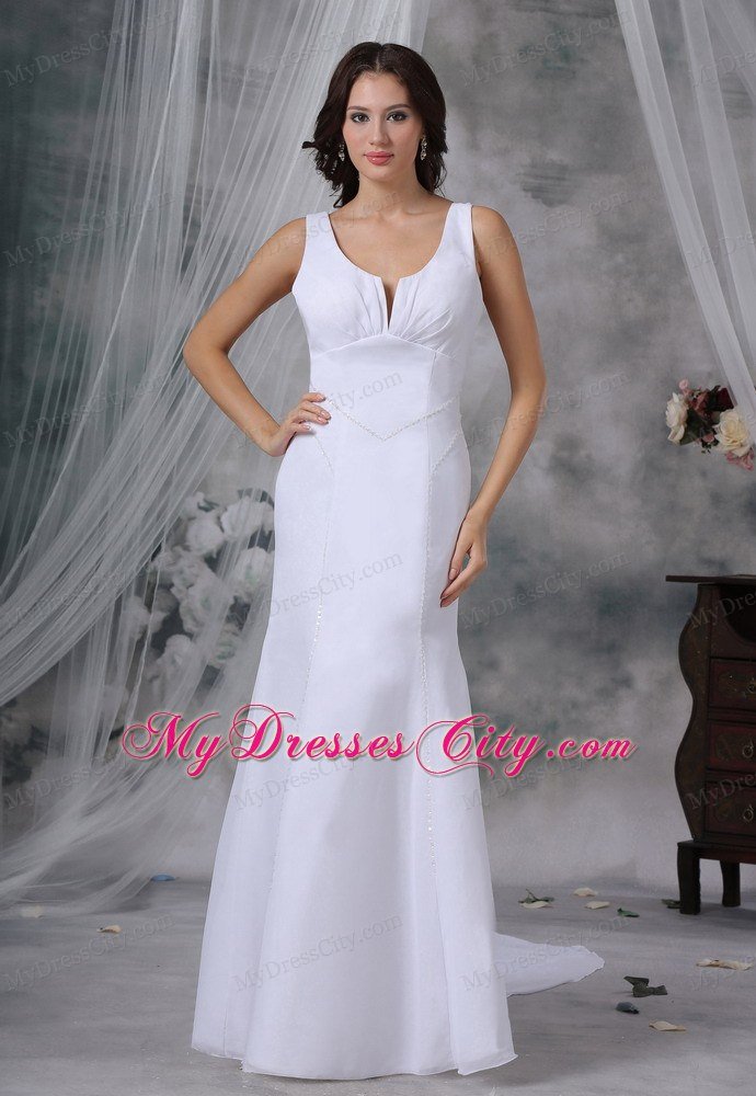 Simple Style Beaded Watteau Train Chiffon Scoop Wedding Bridal Gown