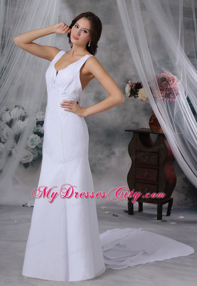 Simple Style Beaded Watteau Train Chiffon Scoop Wedding Bridal Gown