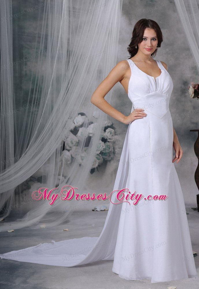 Simple Style Beaded Watteau Train Chiffon Scoop Wedding Bridal Gown