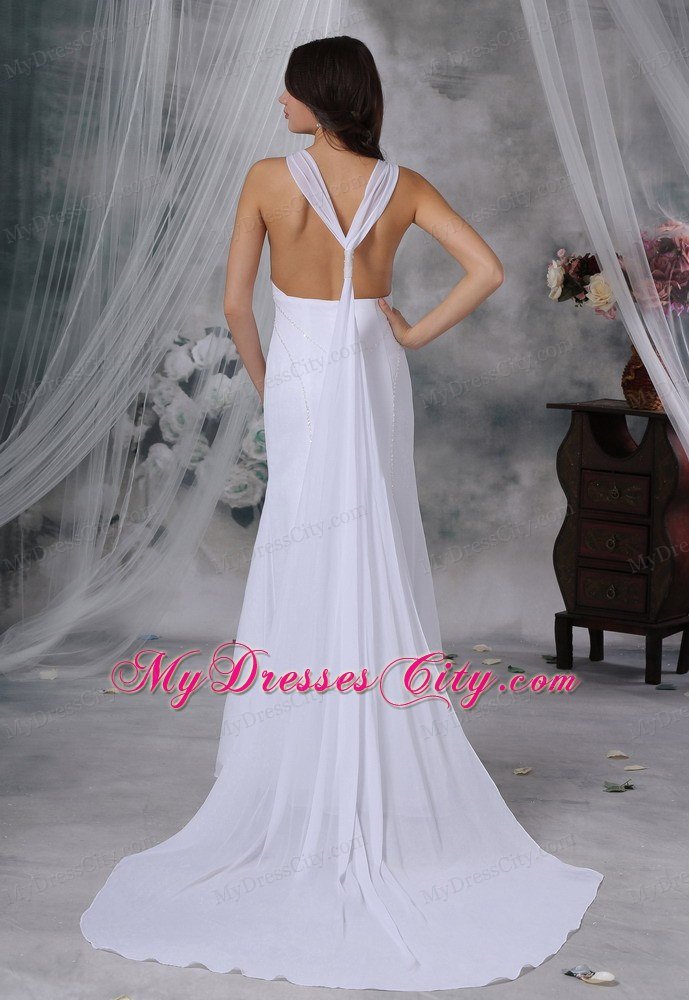 Simple Style Beaded Watteau Train Chiffon Scoop Wedding Bridal Gown