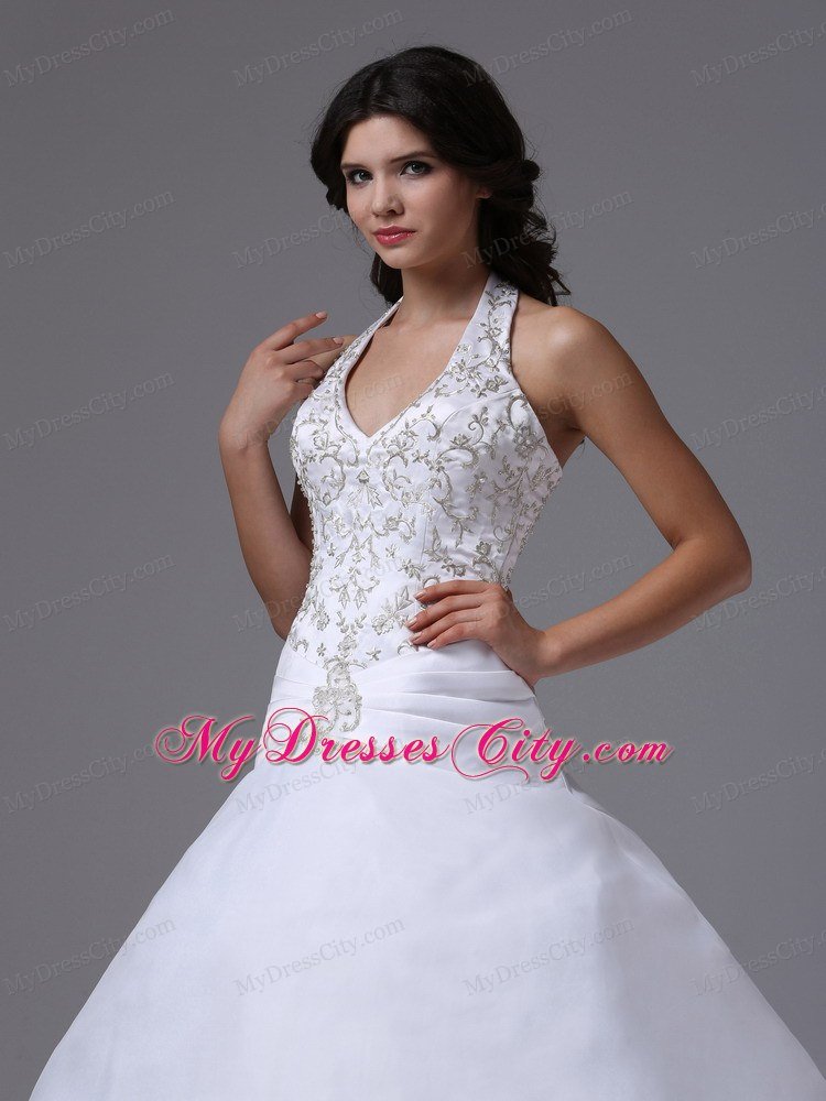 Embroidery Halter Top Sheath Dress for Wedding with Brush Train