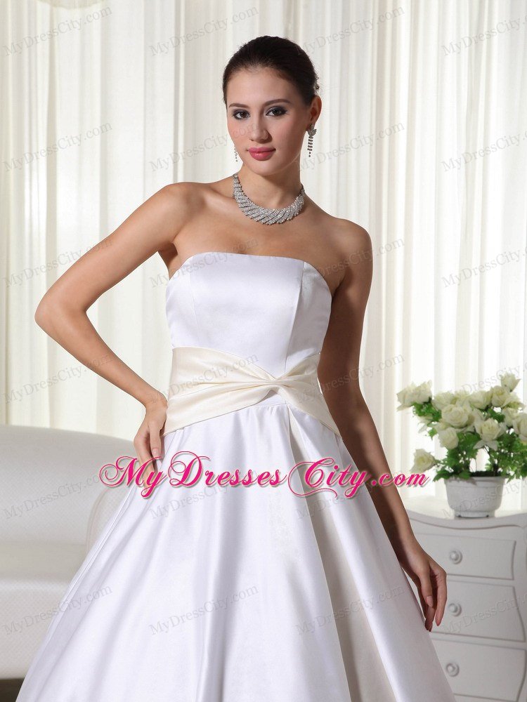 Cheap A-line Strapless Court Train Ribbon Wedding Dress under 250