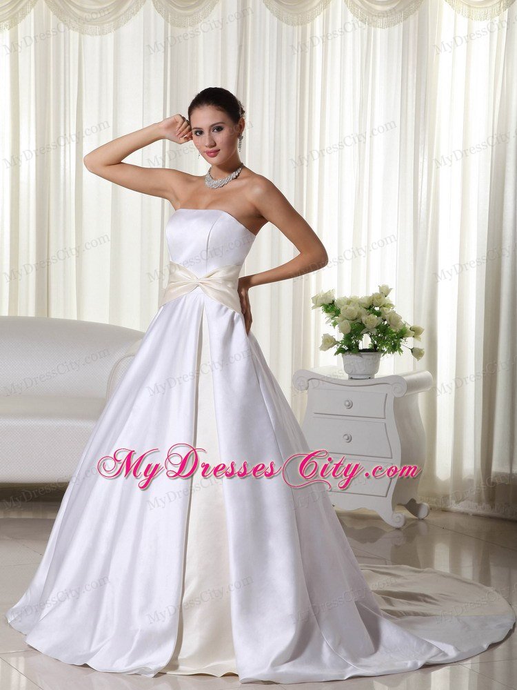 Cheap A-line Strapless Court Train Ribbon Wedding Dress under 250