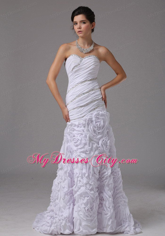 Flowers Embossed Fabric Mermaid Beaded Ruching Wedding Dress