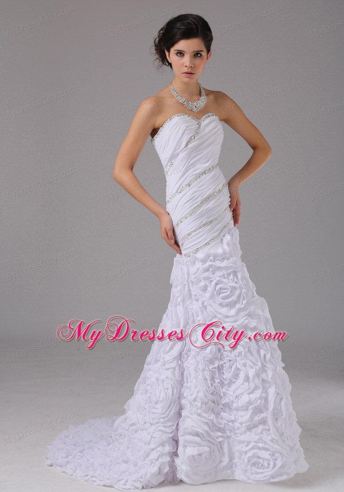 Flowers Embossed Fabric Mermaid Beaded Ruching Wedding Dress