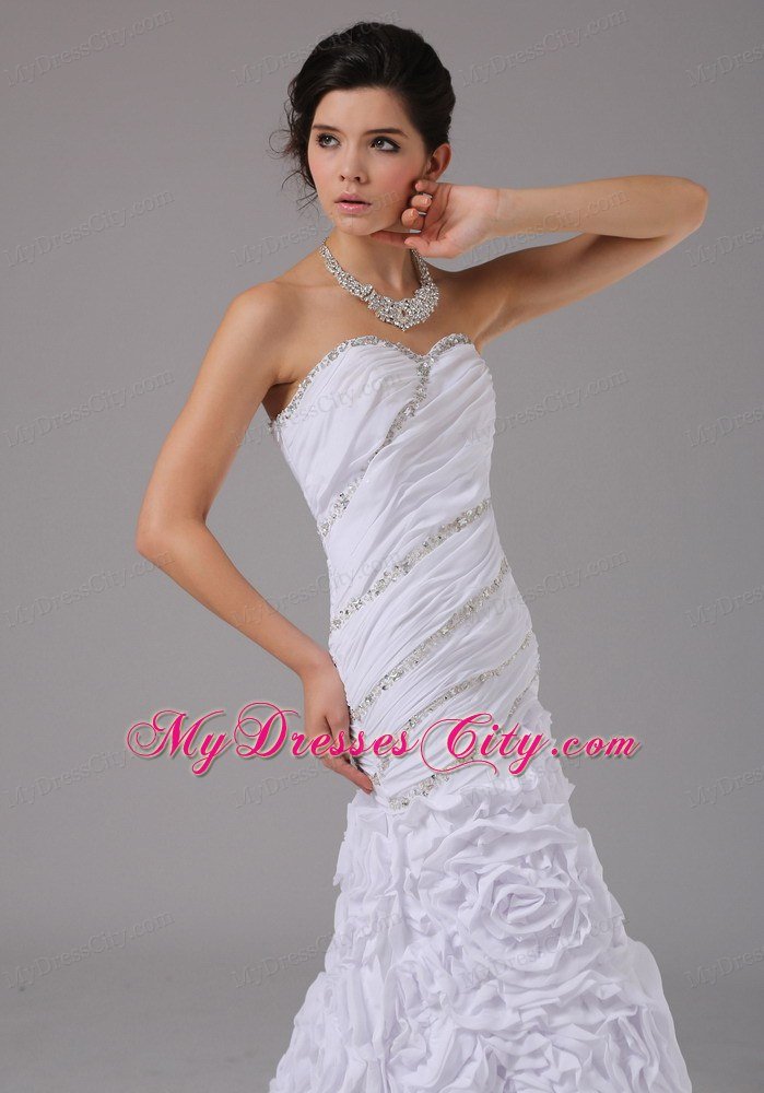 Flowers Embossed Fabric Mermaid Beaded Ruching Wedding Dress