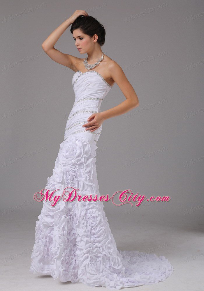 Flowers Embossed Fabric Mermaid Beaded Ruching Wedding Dress