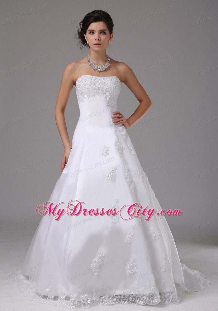 Traditional Ball Gown Wedding Dress Lace Hem Brush Train