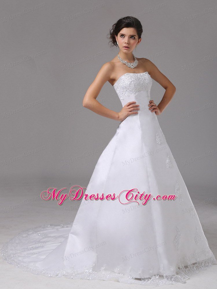 Traditional Ball Gown Wedding Dress Lace Hem Brush Train