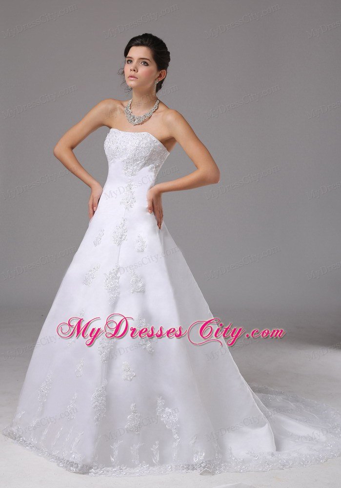 Traditional Ball Gown Wedding Dress Lace Hem Brush Train