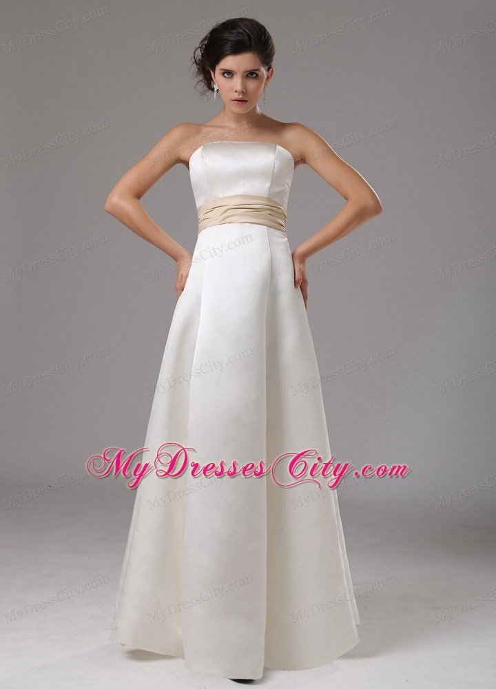 Modest Floor-length Satin Wedding Dress with Champagne Sash