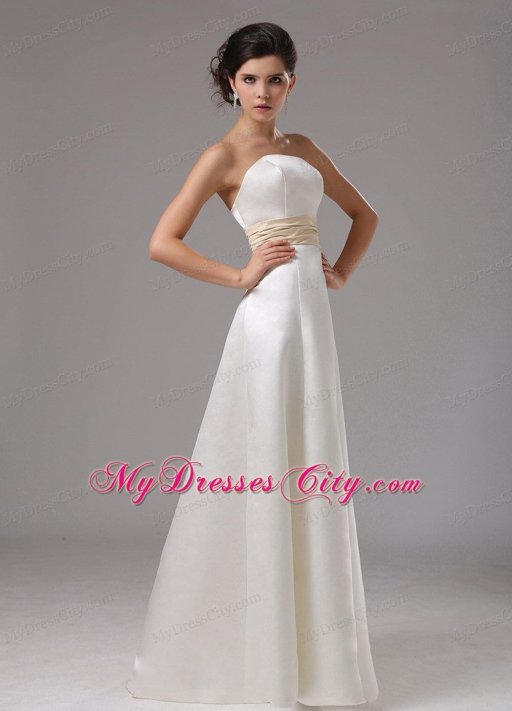 Modest Floor-length Satin Wedding Dress with Champagne Sash