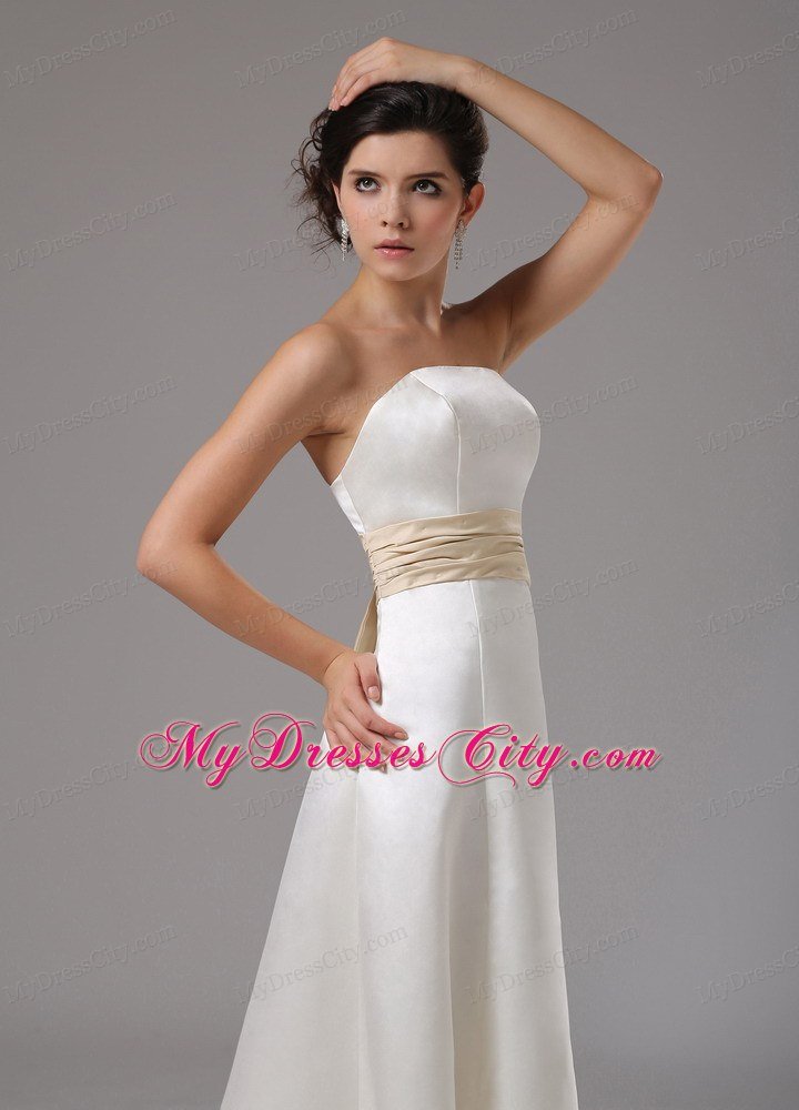 Modest Floor-length Satin Wedding Dress with Champagne Sash