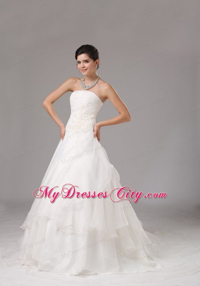 A-line Layered Organza Strapless Wedding Gown with Appliques