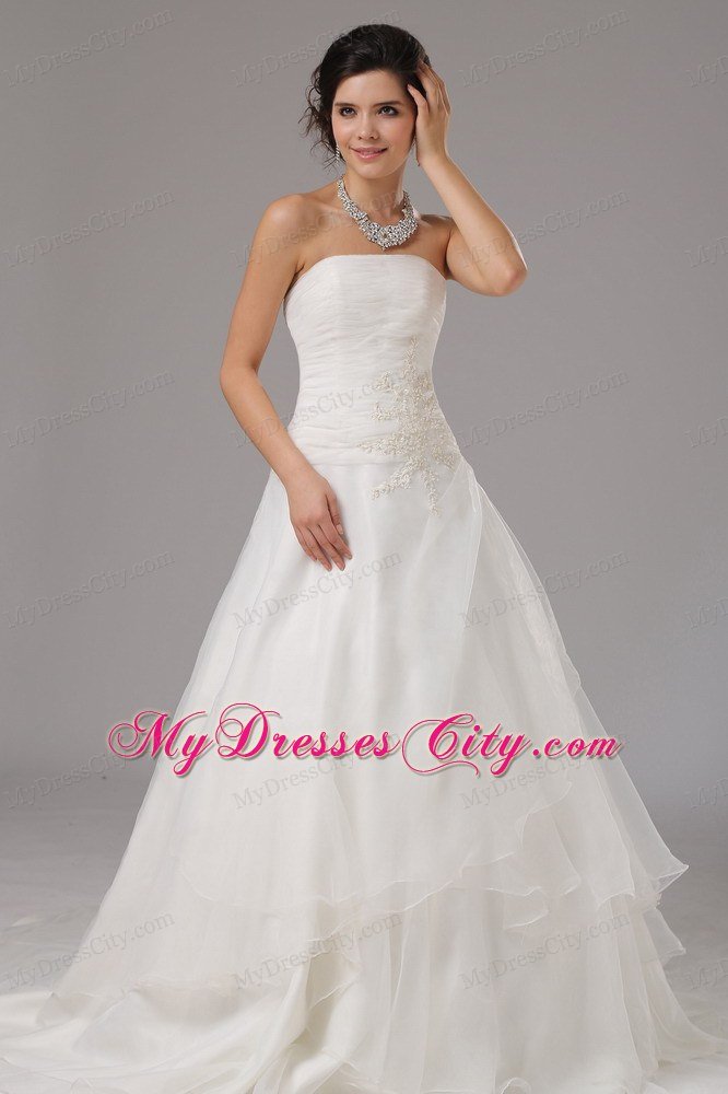 A-line Layered Organza Strapless Wedding Gown with Appliques