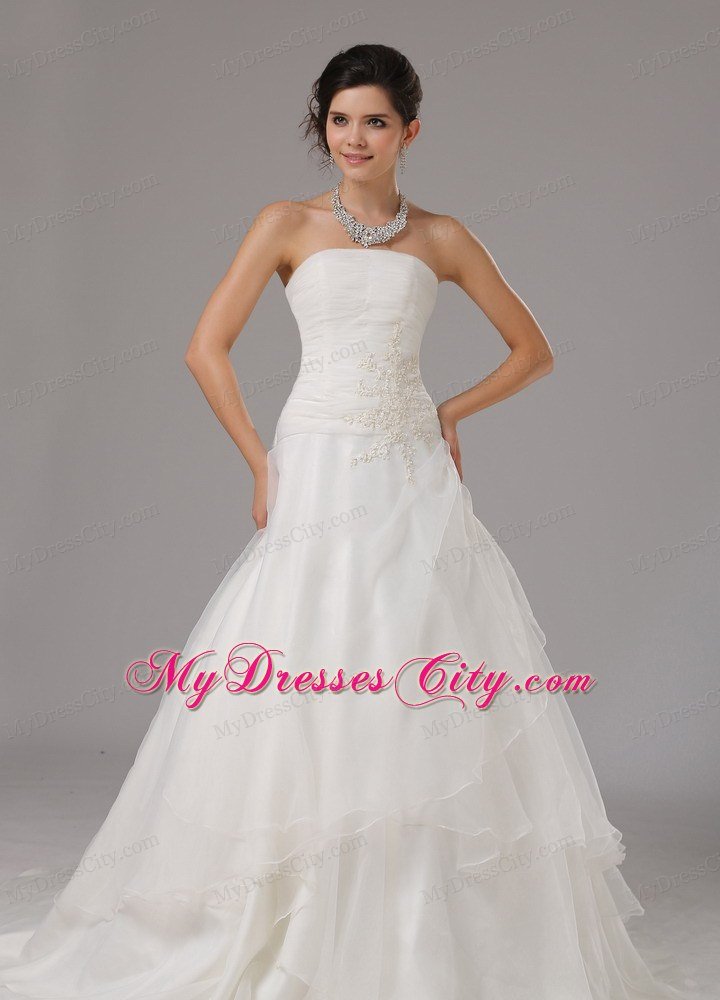 A-line Layered Organza Strapless Wedding Gown with Appliques