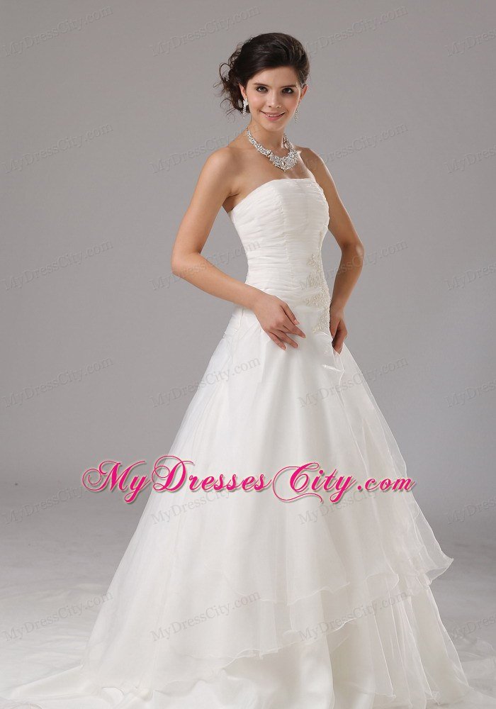 A-line Layered Organza Strapless Wedding Gown with Appliques