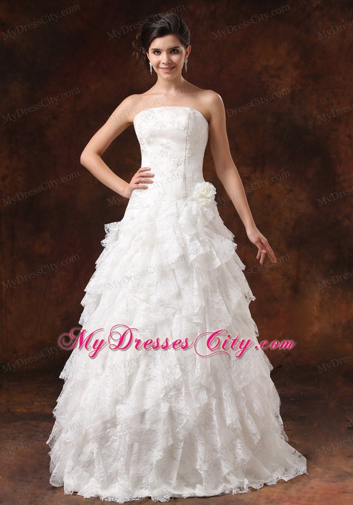 Custom Made Strapless Lace Ruffled Wedding Dress with Hidden Zipper