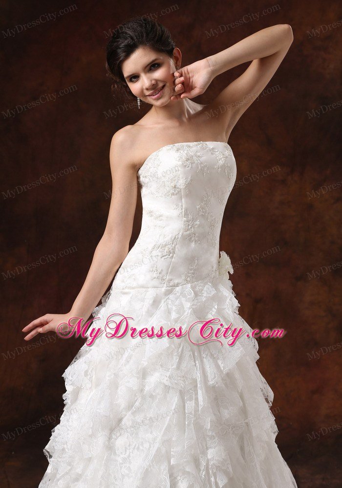 Custom Made Strapless Lace Ruffled Wedding Dress with Hidden Zipper