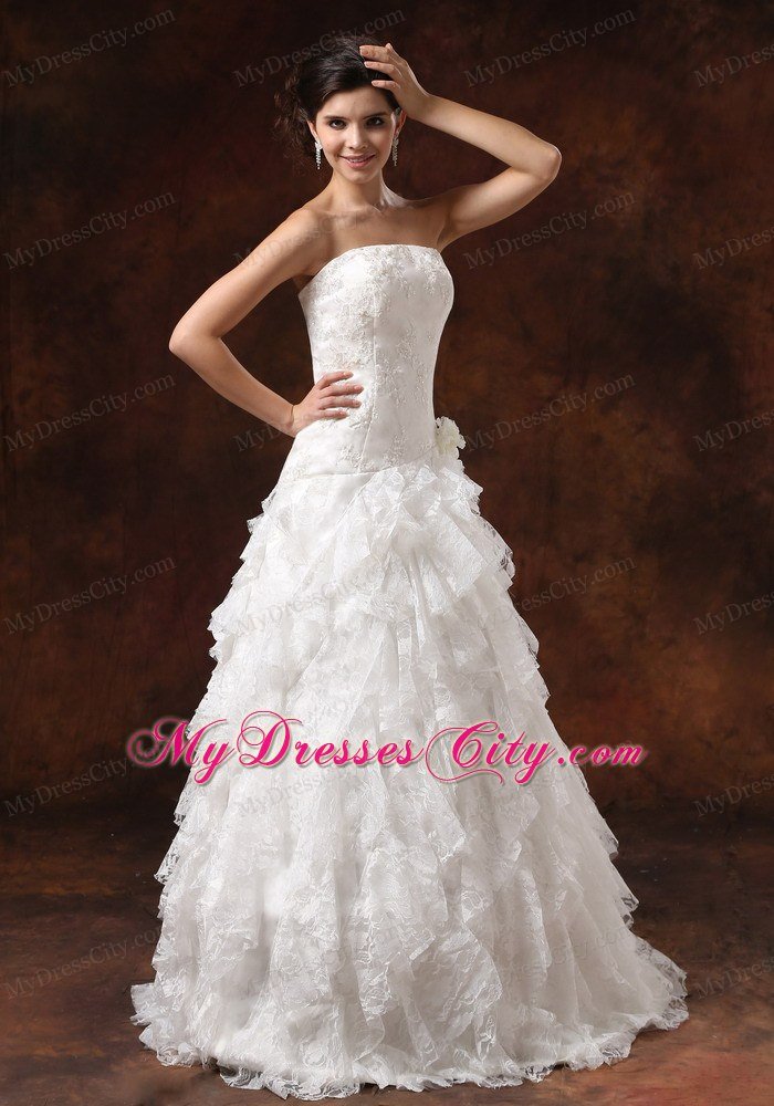 Custom Made Strapless Lace Ruffled Wedding Dress with Hidden Zipper