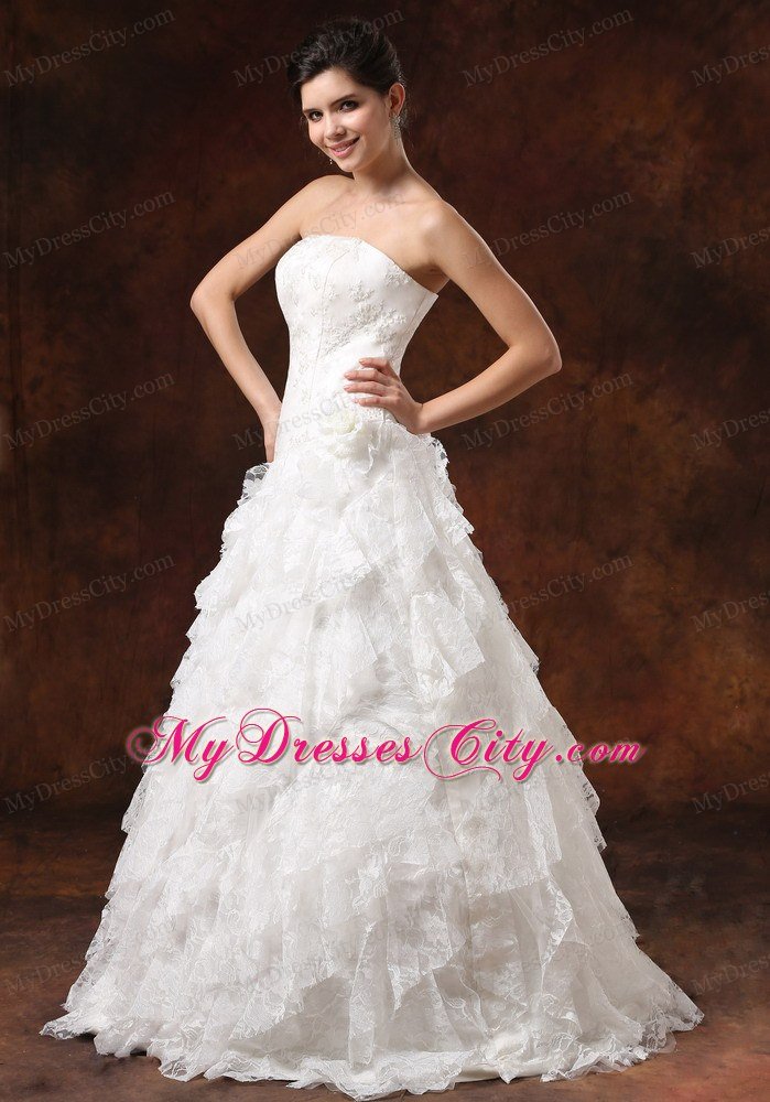 Custom Made Strapless Lace Ruffled Wedding Dress with Hidden Zipper