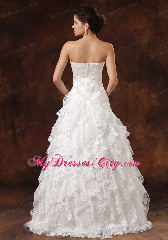 Custom Made Strapless Lace Ruffled Wedding Dress with Hidden Zipper