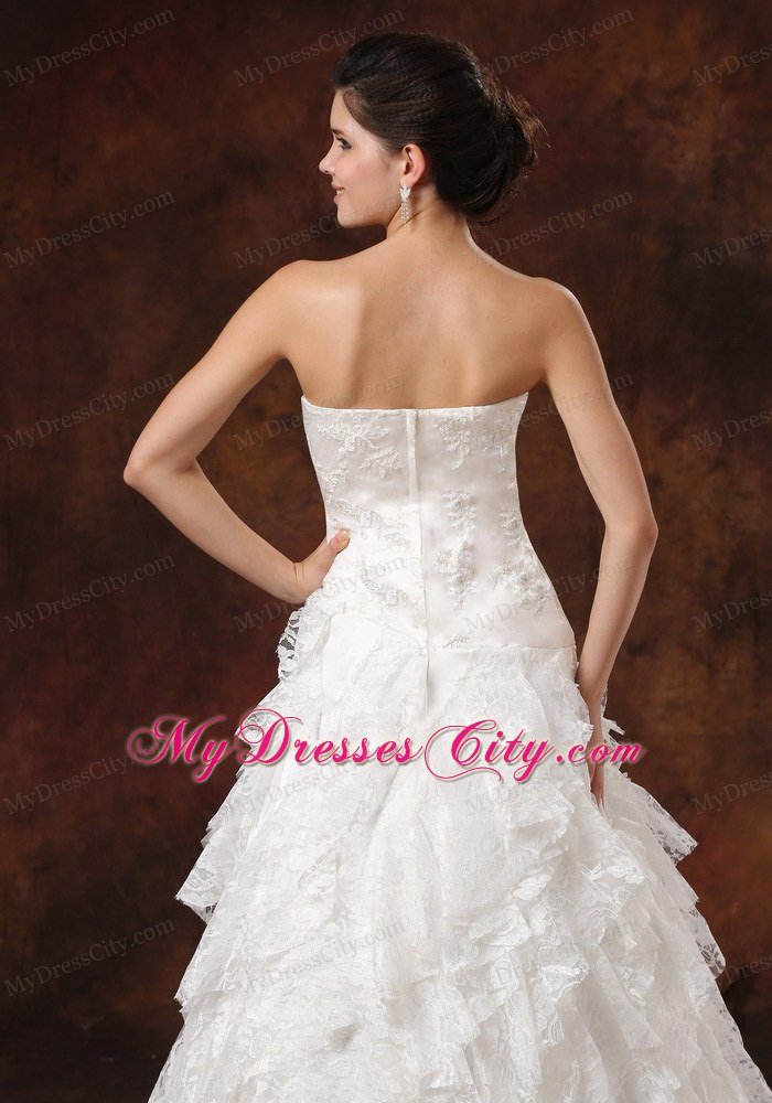 Custom Made Strapless Lace Ruffled Wedding Dress with Hidden Zipper