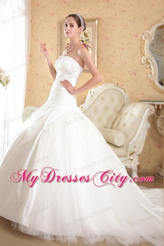 Ball Gown Court Train Tulle and Taffeta Beading Wedding Dress