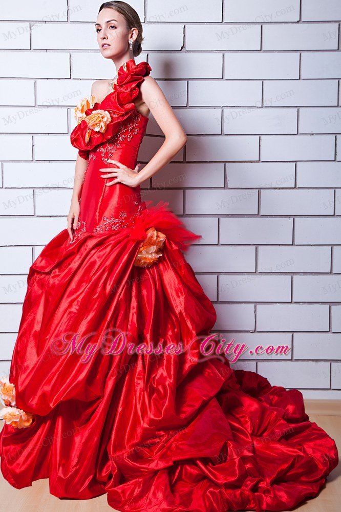 Red One Shoulder Taffeta Wedding Gown with Hand Made Flowers