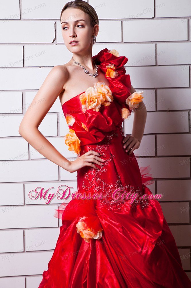 Red One Shoulder Taffeta Wedding Gown with Hand Made Flowers