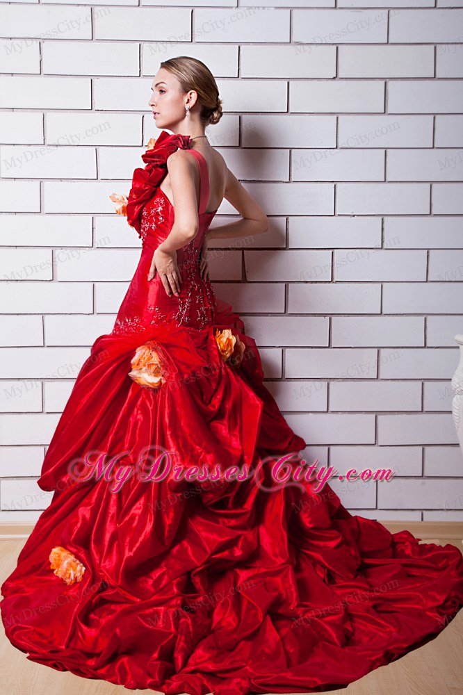 Red One Shoulder Taffeta Wedding Gown with Hand Made Flowers