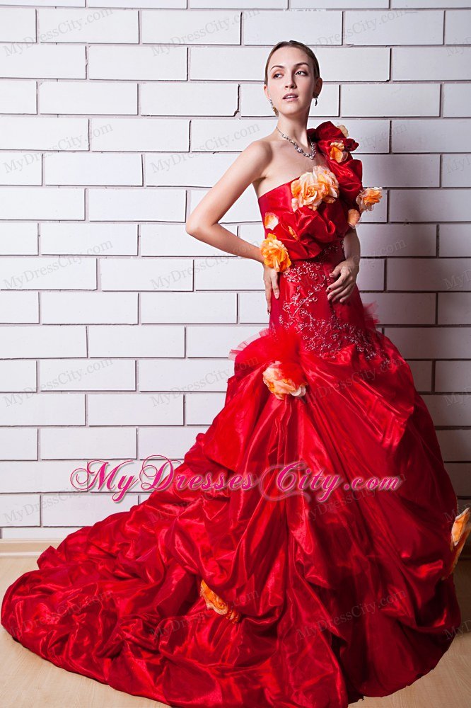 Red One Shoulder Taffeta Wedding Gown with Hand Made Flowers