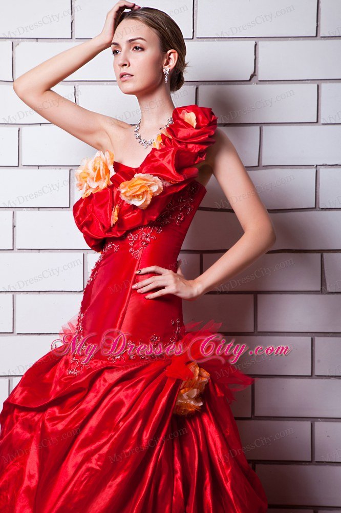 Red One Shoulder Taffeta Wedding Gown with Hand Made Flowers