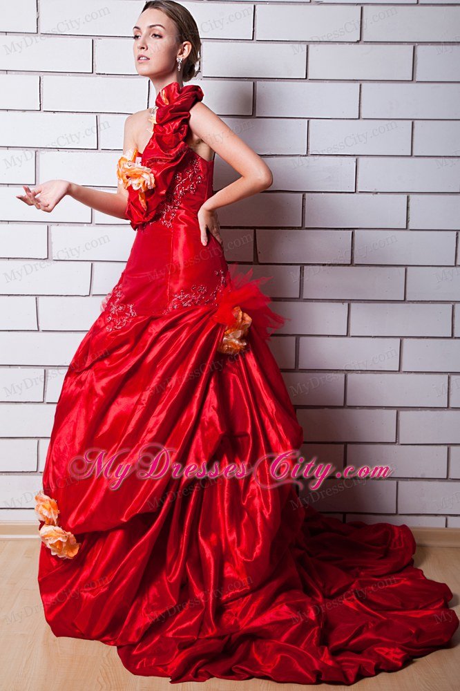 Red One Shoulder Taffeta Wedding Gown with Hand Made Flowers