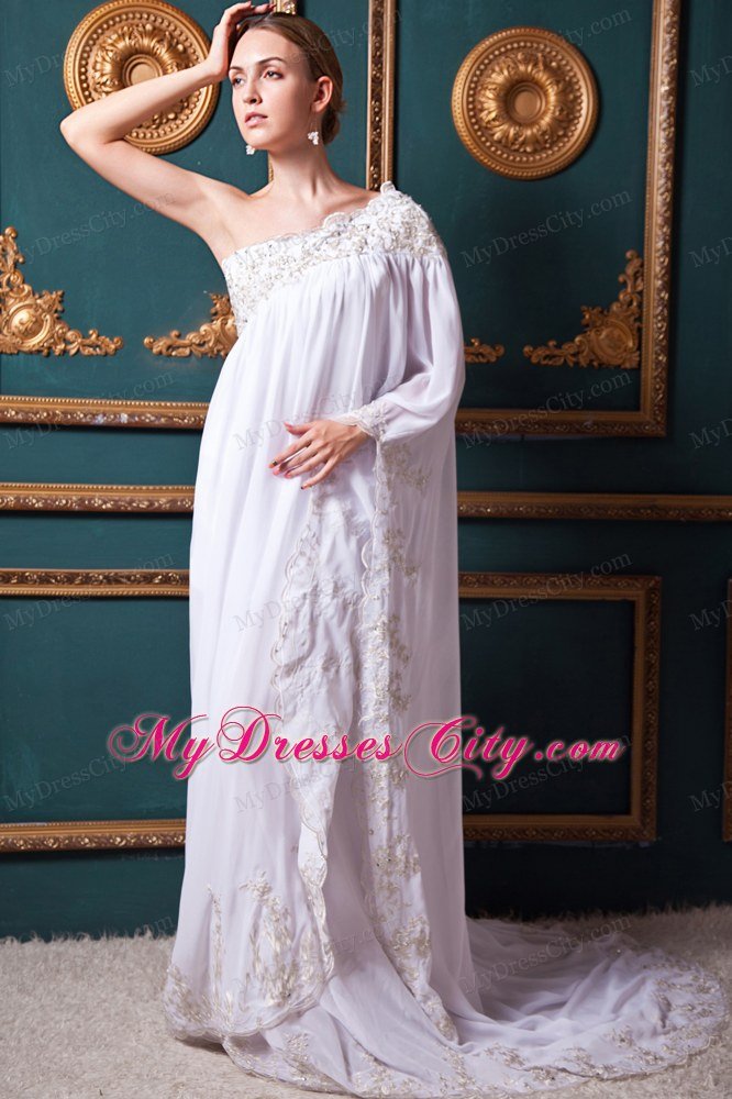 One Shoulder sleeves Chiffon Appliques Maternity Wedding Dress