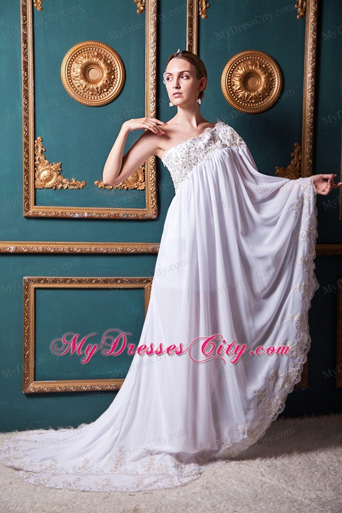 One Shoulder sleeves Chiffon Appliques Maternity Wedding Dress