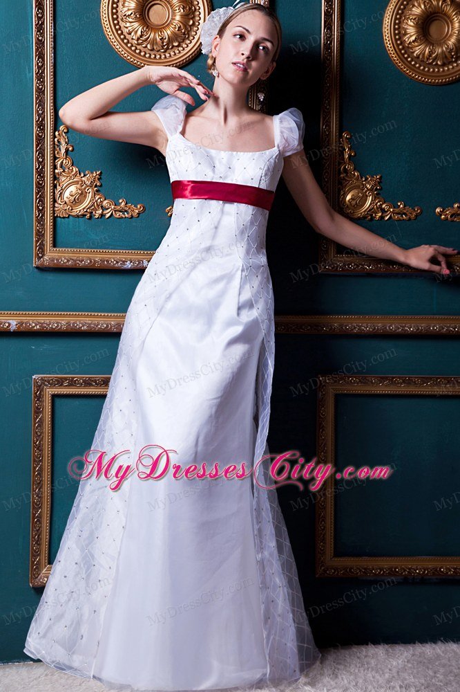 Cap Sleeves Square Lace Wedding Dress with Wine Red Sash