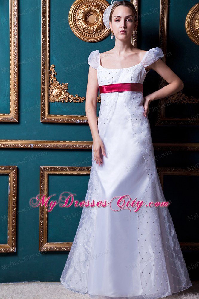 Cap Sleeves Square Lace Wedding Dress with Wine Red Sash