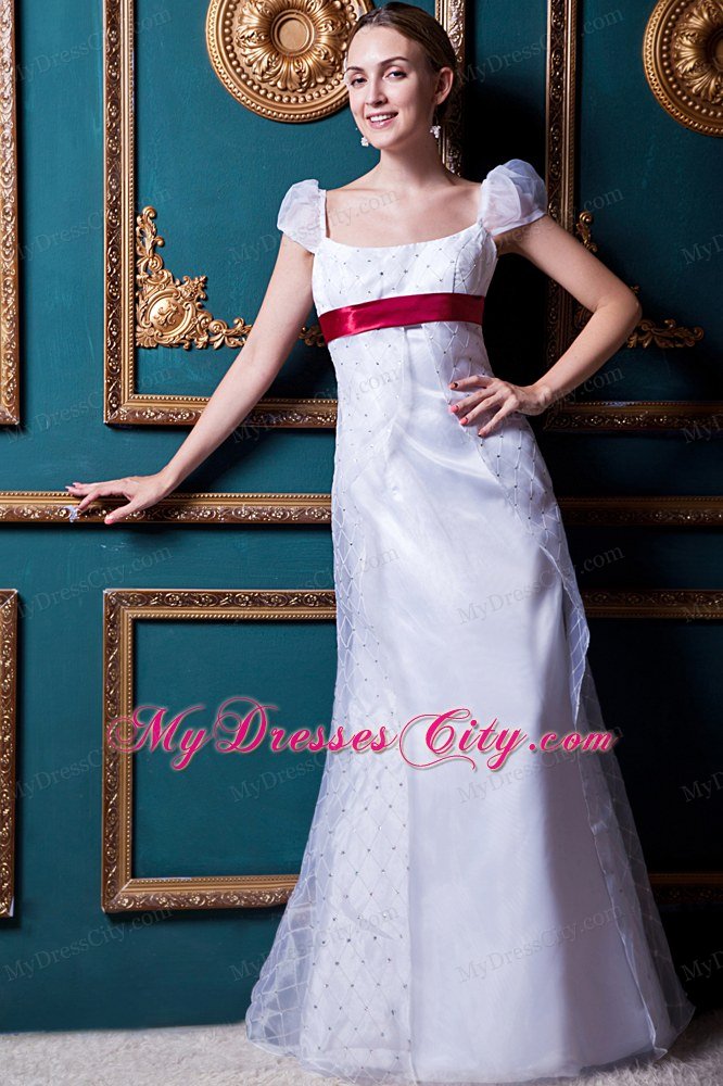 Cap Sleeves Square Lace Wedding Dress with Wine Red Sash