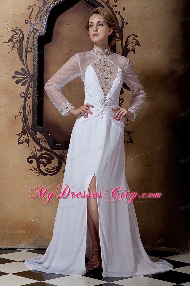 Beaded Sheer High-neck Wedding Gown Long Sleeves with High Slit