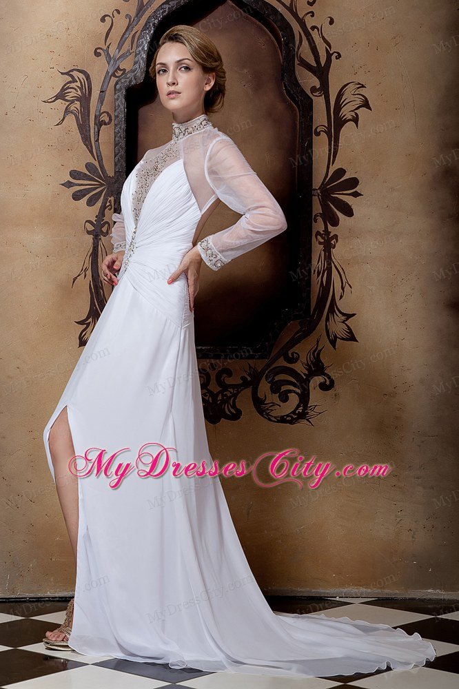 Beaded Sheer High-neck Wedding Gown Long Sleeves with High Slit