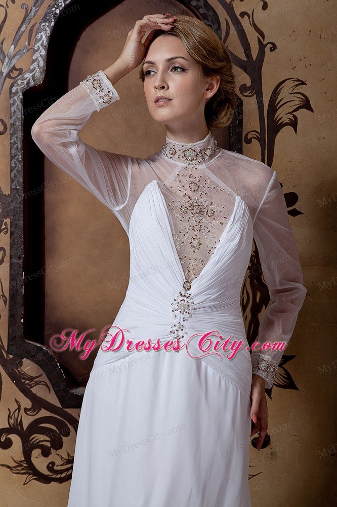 Beaded Sheer High-neck Wedding Gown Long Sleeves with High Slit