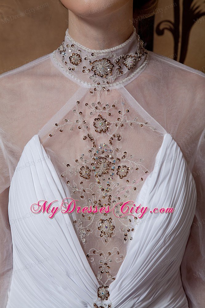 Beaded Sheer High-neck Wedding Gown Long Sleeves with High Slit