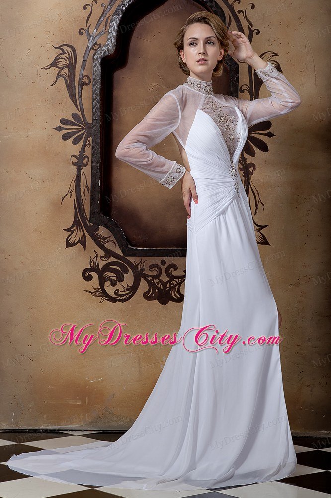 Beaded Sheer High-neck Wedding Gown Long Sleeves with High Slit