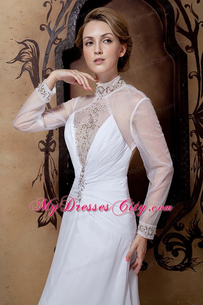 Beaded Sheer High-neck Wedding Gown Long Sleeves with High Slit