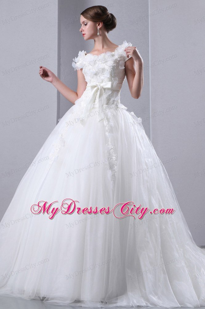 Short Sleeves Floral Embellished Bridal Gown with Bowknot Sash