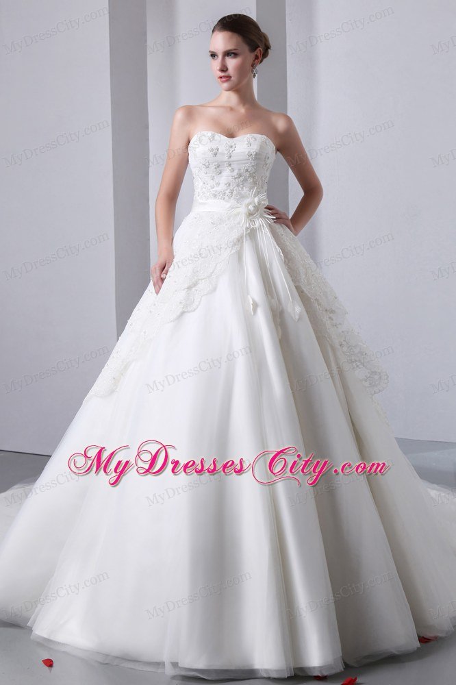 A-line Cathedral Train Strapless Wedding Dress Taffeta with Lace